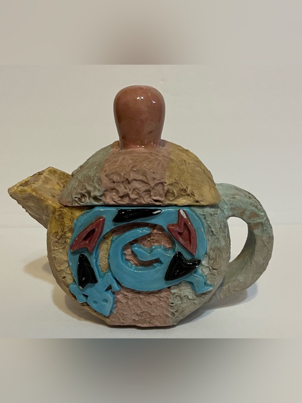 VTG 1992 Milagro Handmade Small Ceramic Teapot with Blue & Pastel Accents